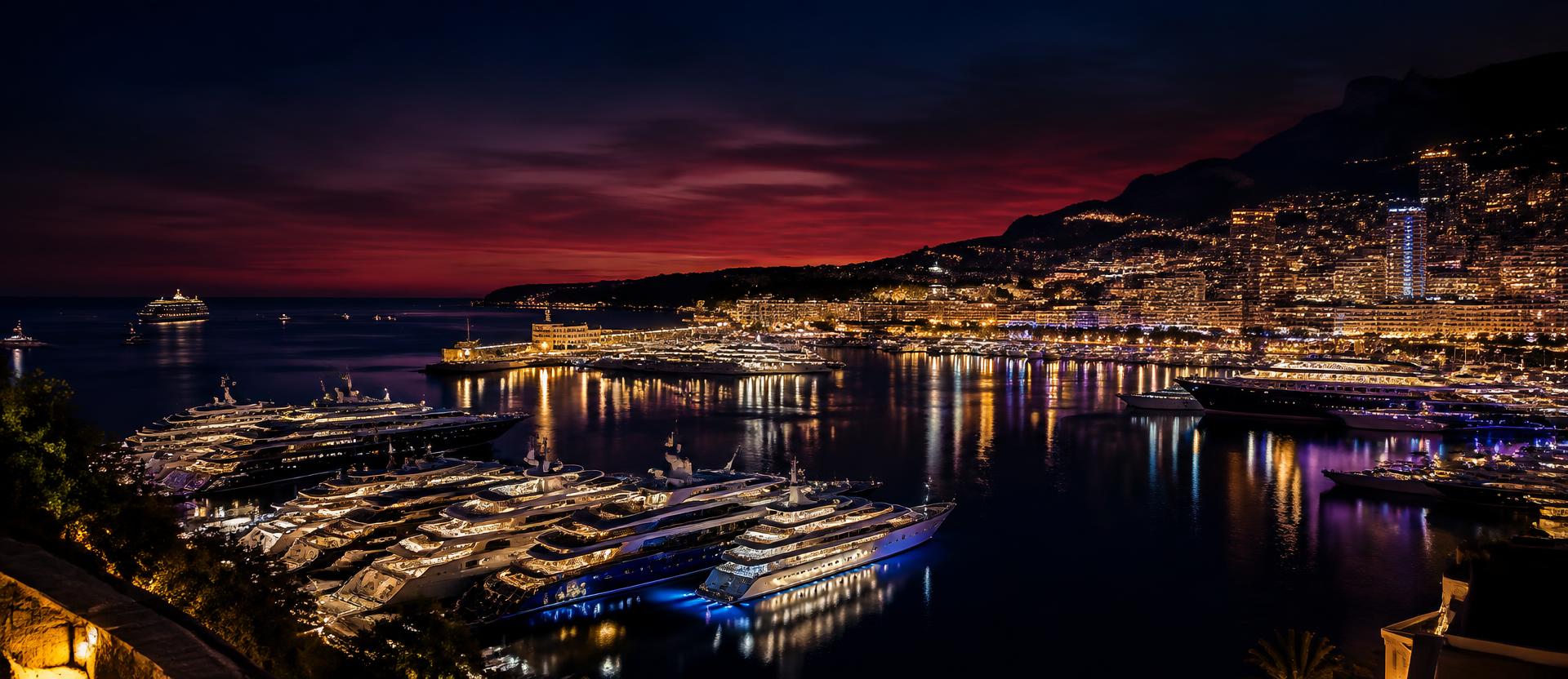 Monaco yacht harbor illuminated at night
