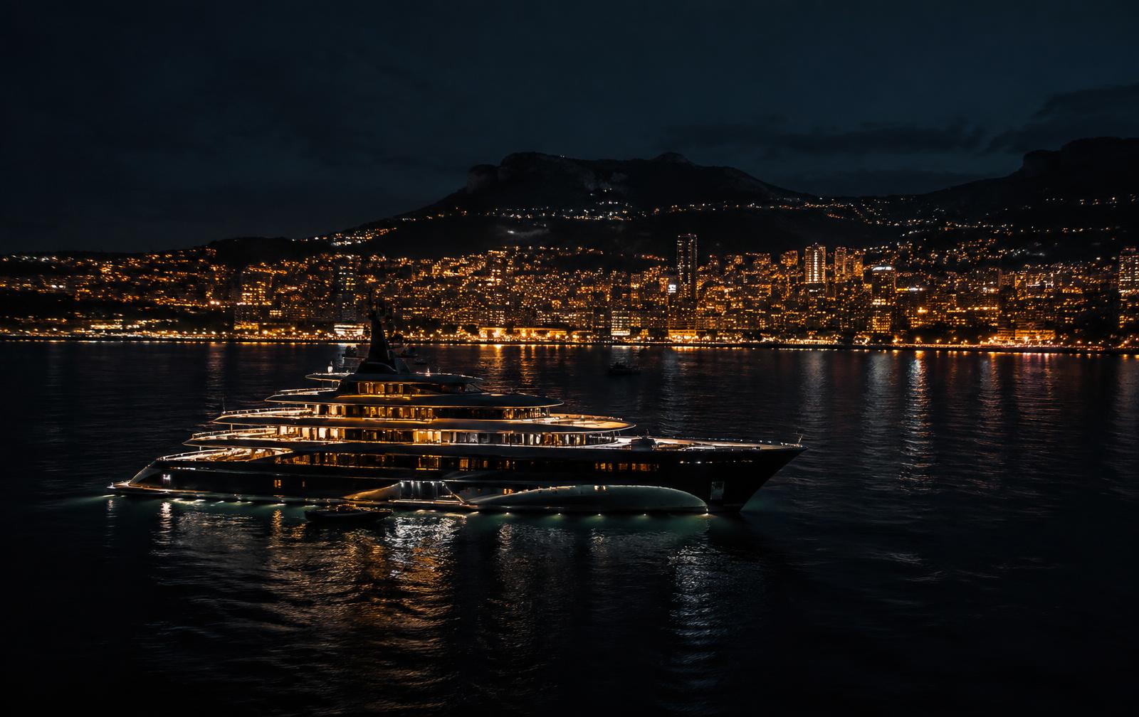 Superyacht off the Monaco coastline at night